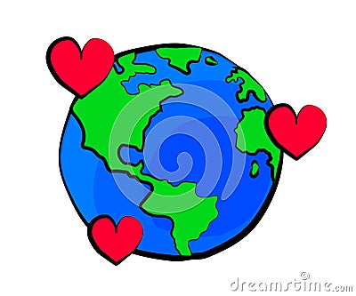 Planet Earth and heart. The globe. Cartoon. Earth Day. Let`s preserve nature. Vector Vector Illustration